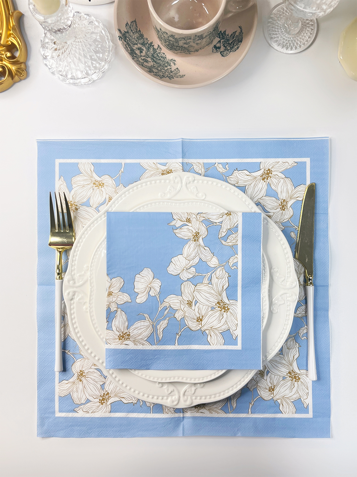 Blue Floral Printed Paper Napkins