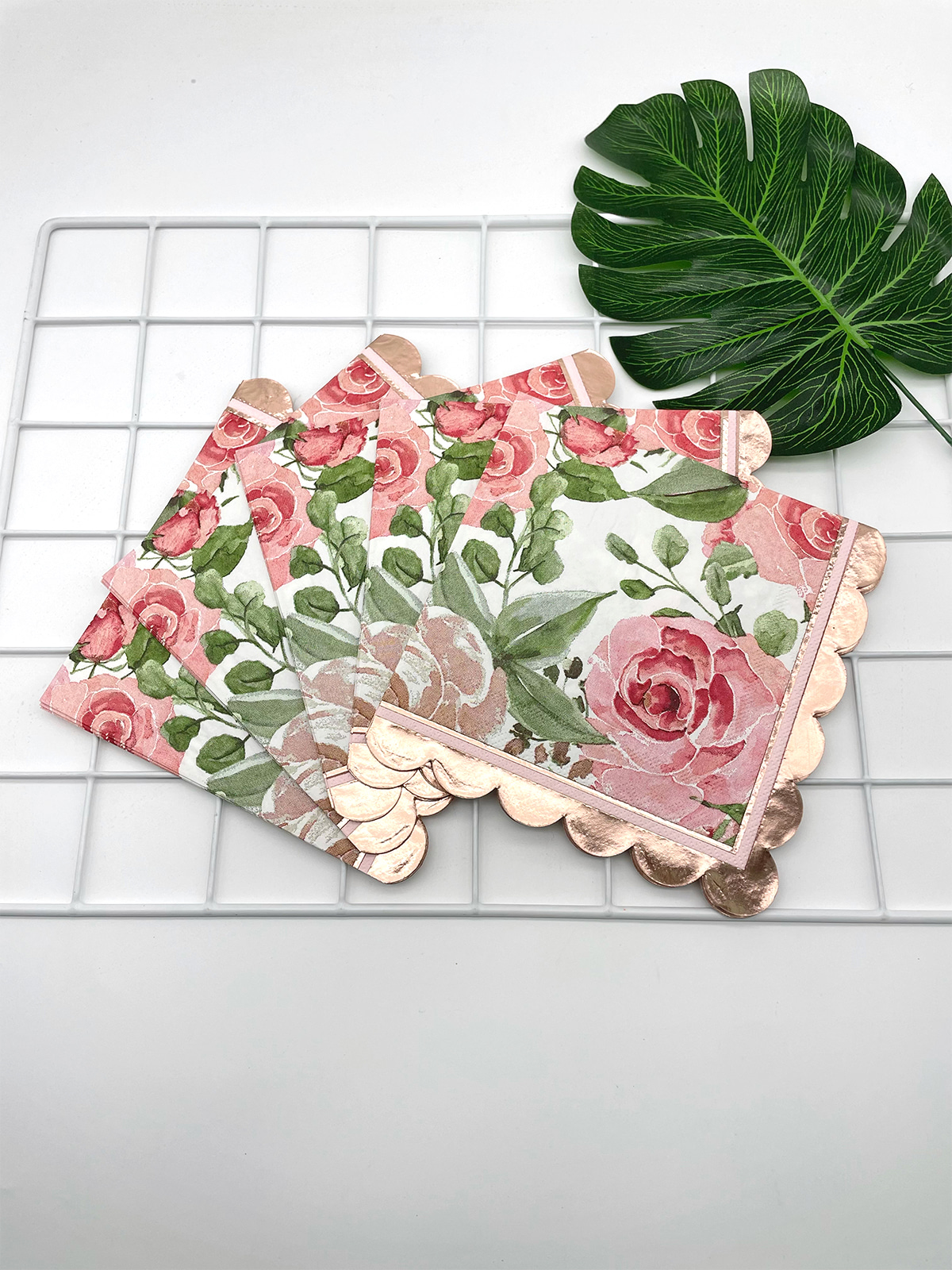 Watercolor Floral Paper Napkins with Rose Gold Foil  Scalloped Edges,Party Supplies 