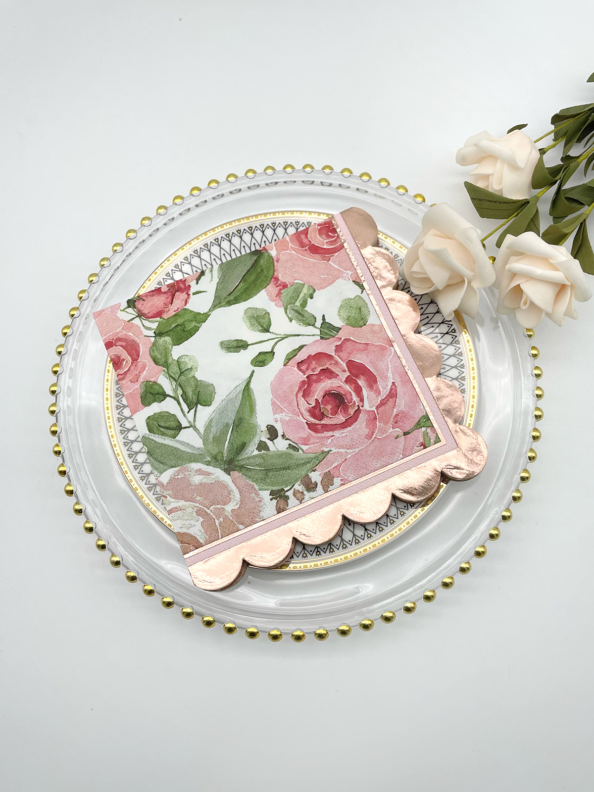 Watercolor Floral Paper Napkins with Rose Gold Foil  Scalloped Edges,Party Supplies 