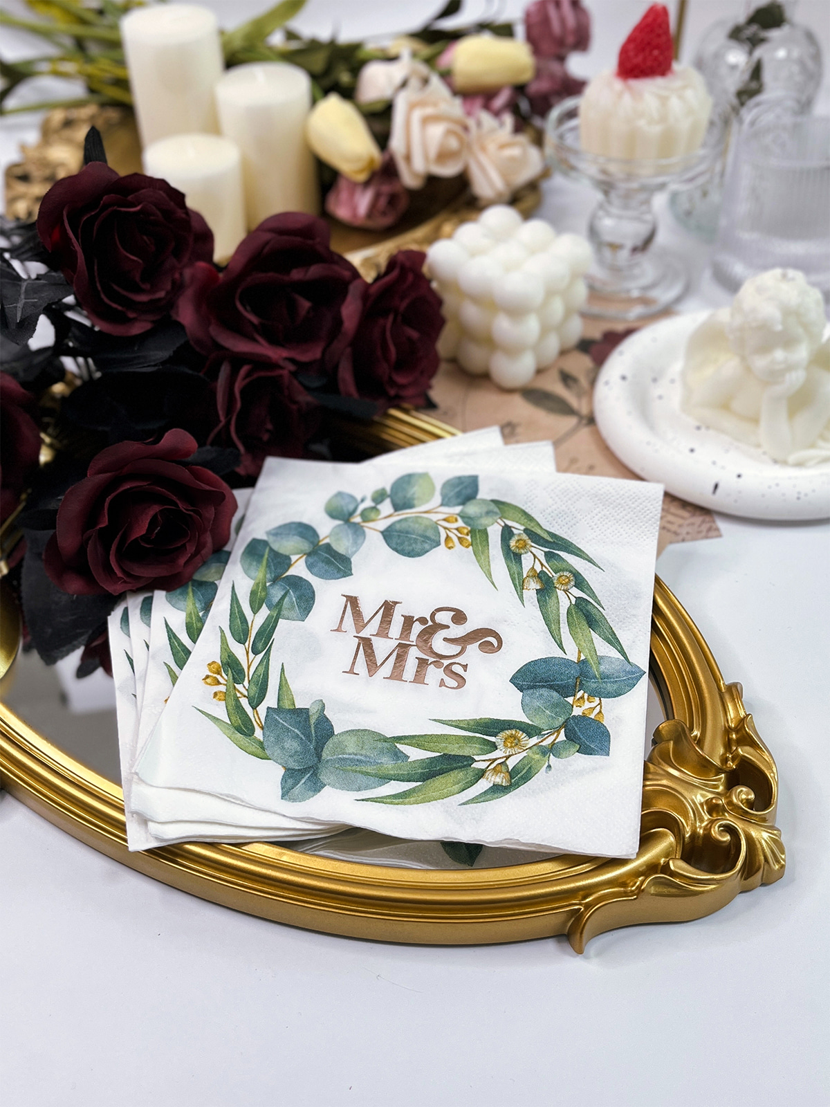 Gold Foil Mr&Mrs And Wreath Paper Napkins For Engagement, Bridal Shower, Wedding Decoration