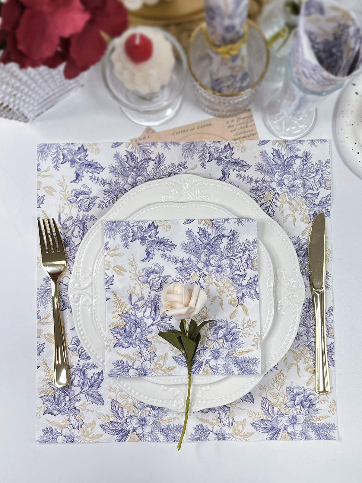 Blue Floral Luncheon Paper Napkins, Guest Hand Towels Disposable