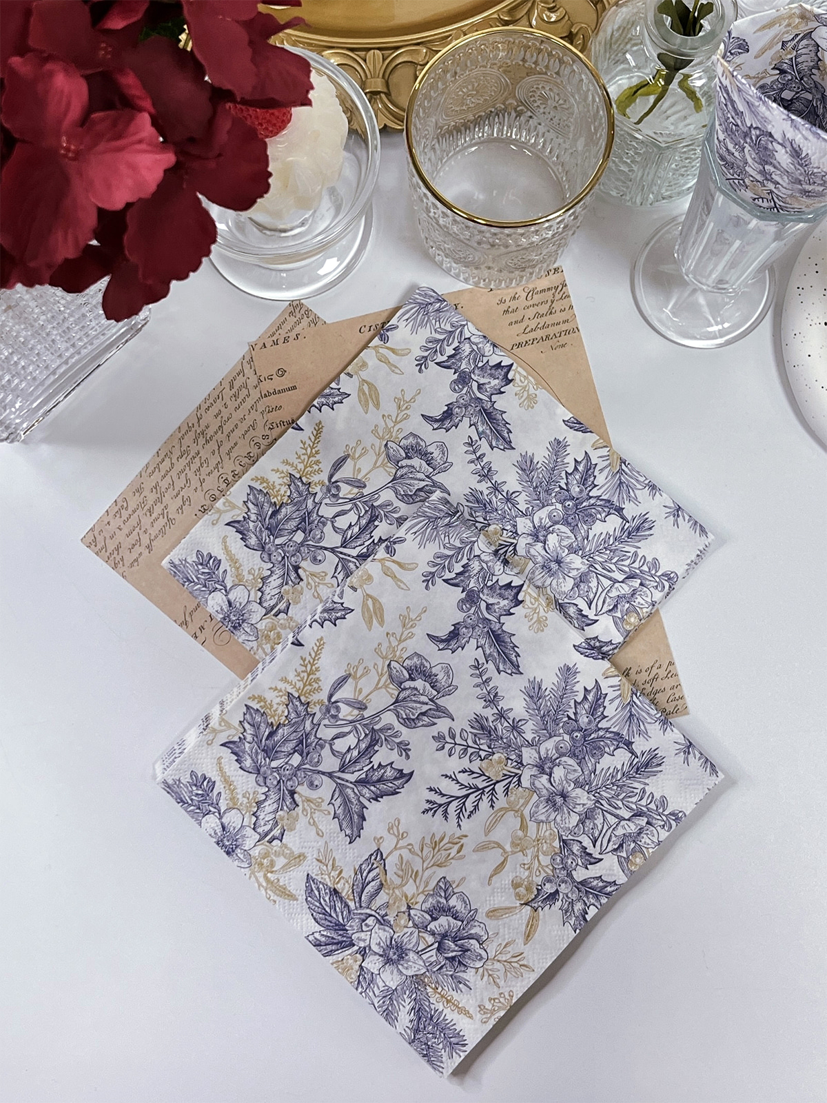 Blue Floral Luncheon Paper Napkins, Guest Hand Towels Disposable