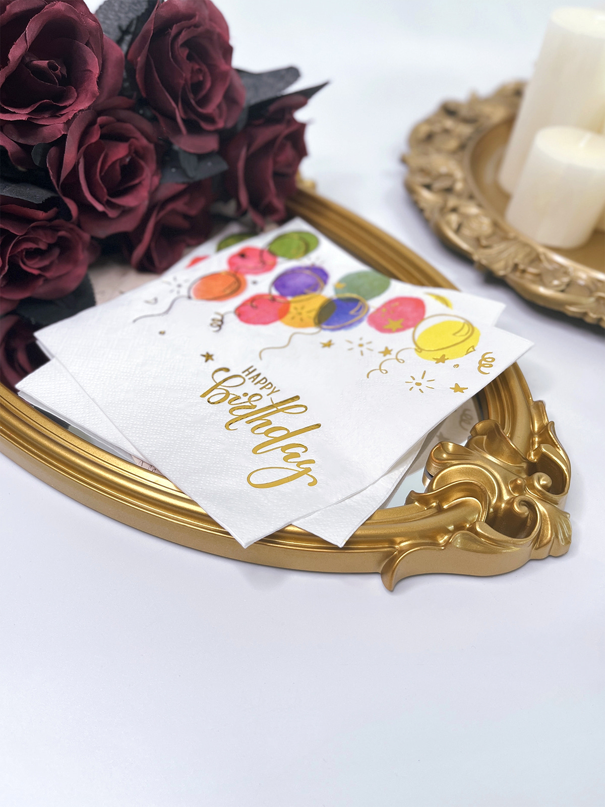 Gold Foil Happy Birthday Paper Napkins,Disposable Colorful Ballons Printing Napkins For Dinner, Lunch Birthday Party Decoration