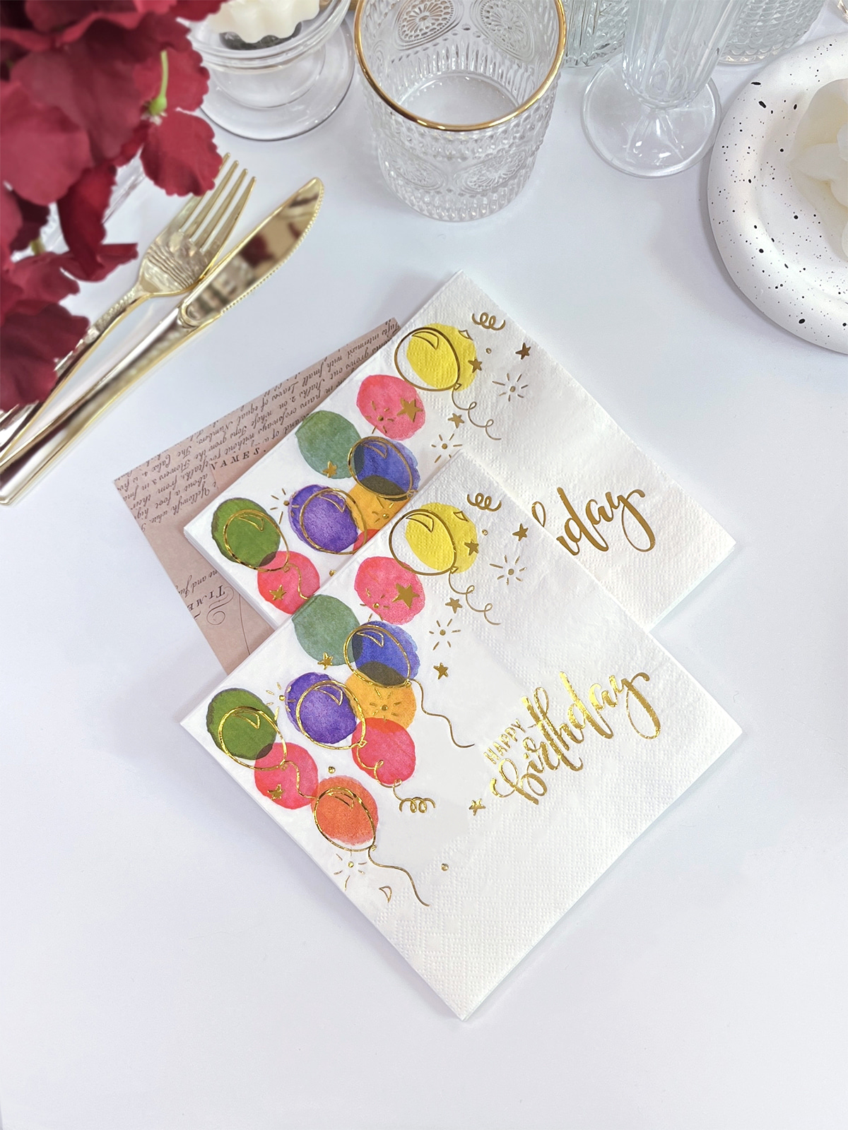 Gold Foil Happy Birthday Paper Napkins,Disposable Colorful Ballons Printing Napkins For Dinner, Lunch Birthday Party Decoration