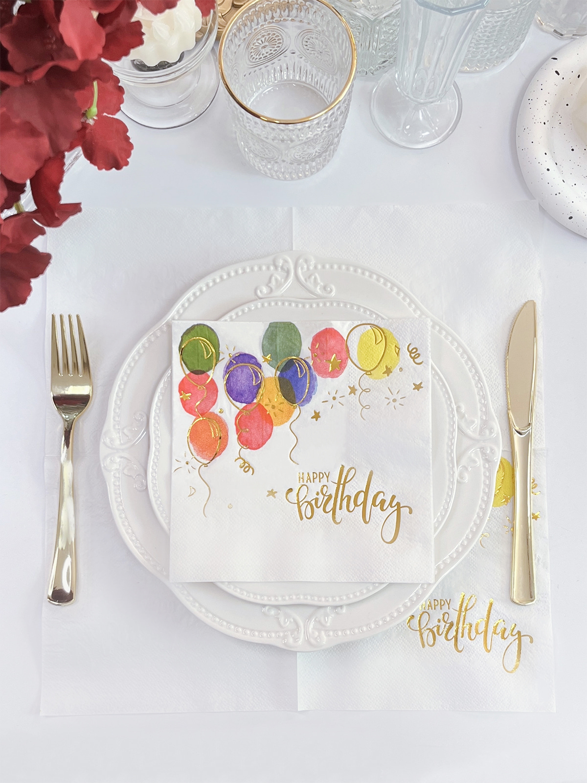 Gold Foil Happy Birthday Paper Napkins,Disposable Colorful Ballons Printing Napkins For Dinner, Lunch Birthday Party Decoration