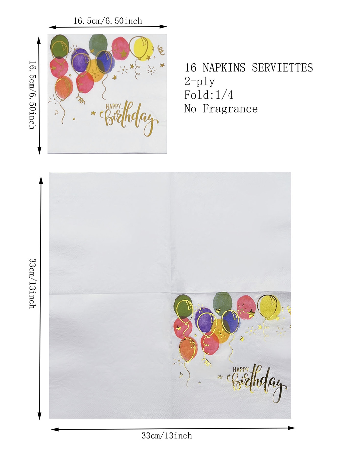 Gold Foil Happy Birthday Paper Napkins,Disposable Colorful Ballons Printing Napkins For Dinner, Lunch Birthday Party Decoration