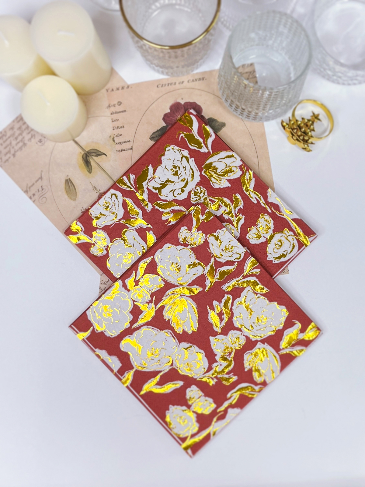 Red Printing Paper Napkins Disposable Gold Foil Floral Napkin Tissue Paper For Dinner Wedding Bridal Shower Birthday Party Supplies Decoration