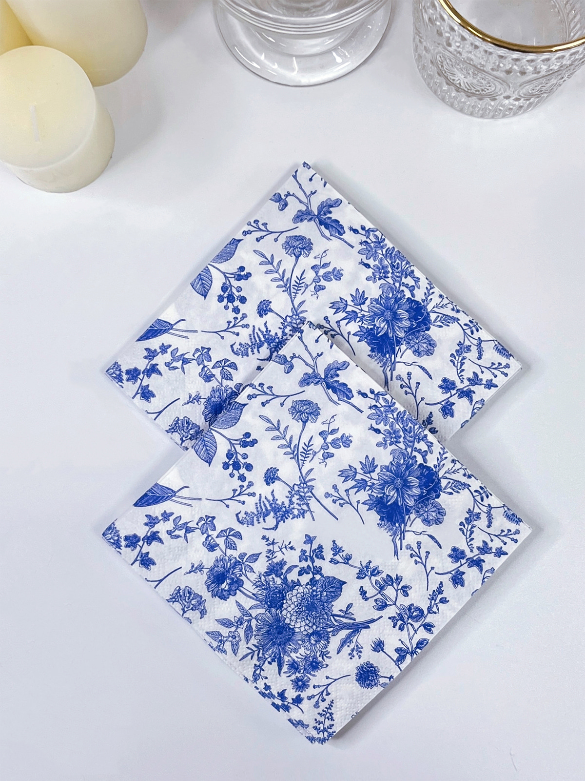 Disposable Cocktail Paper Napkins, Blue & White Flower  Party Napkins