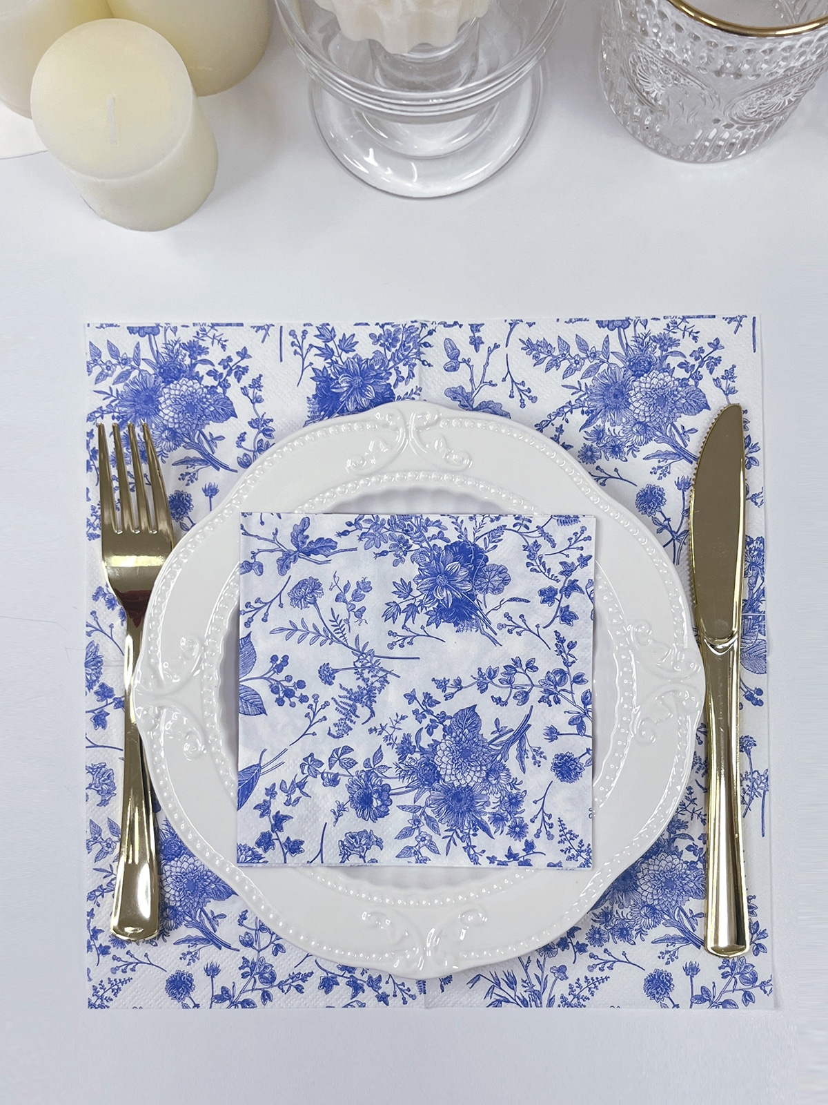 Disposable Cocktail Paper Napkins, Blue & White Flower  Party Napkins