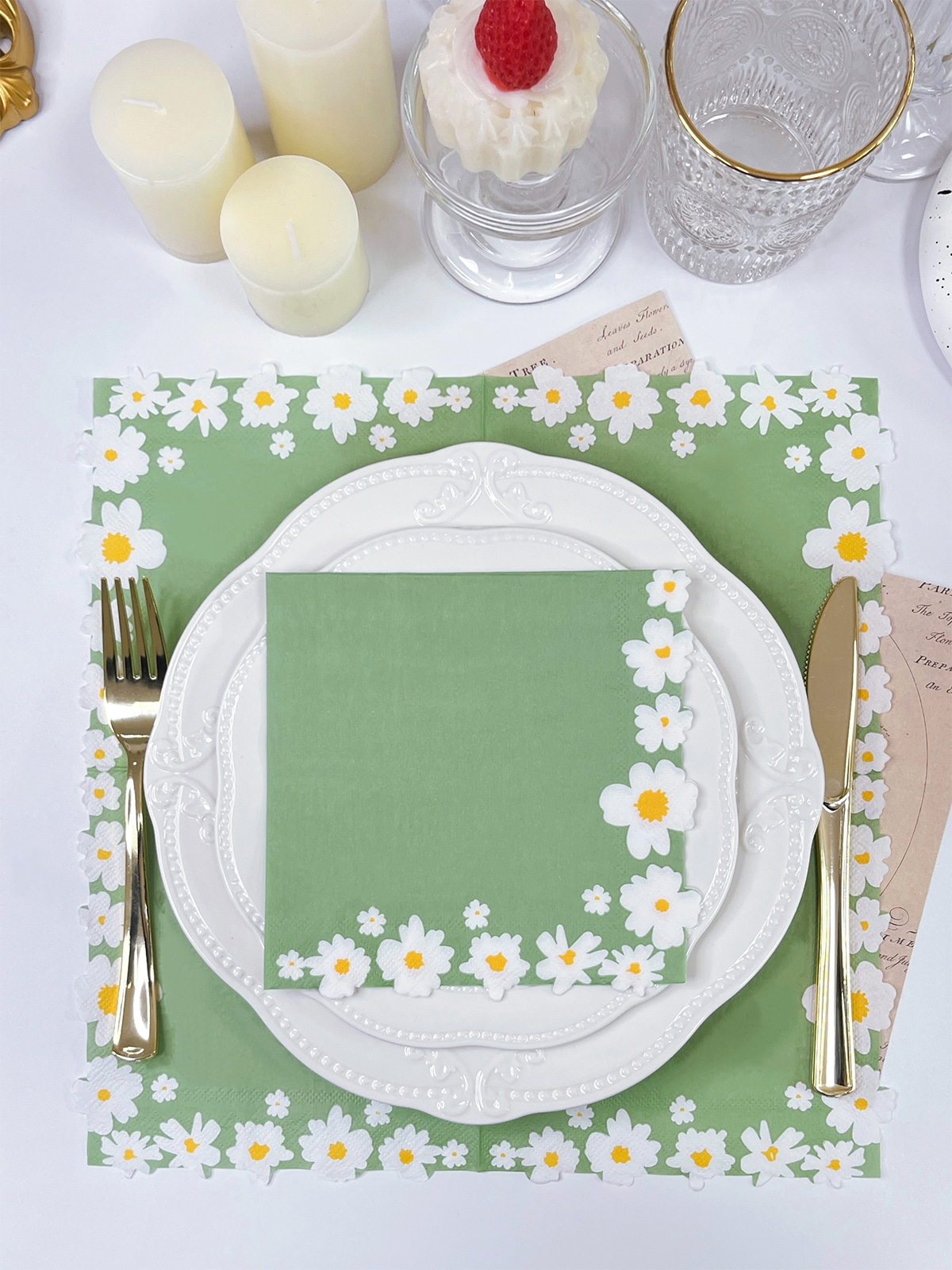 Spring Floral Edge Cutting Paper Napkins,Special Shaped Luncheon Paper Guest Towels,Green And Blue