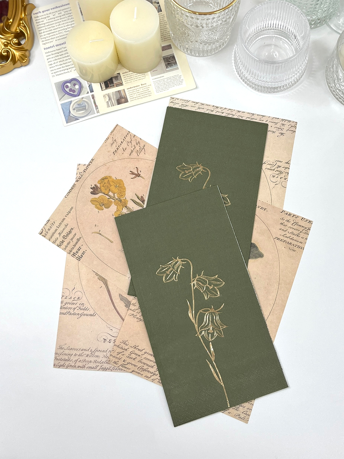 Gold Foil Floral Guest Paper Napkins Disposable Green Paper Tissue, Hand Towels For Bathroom Birthday Baby Shower Dinner