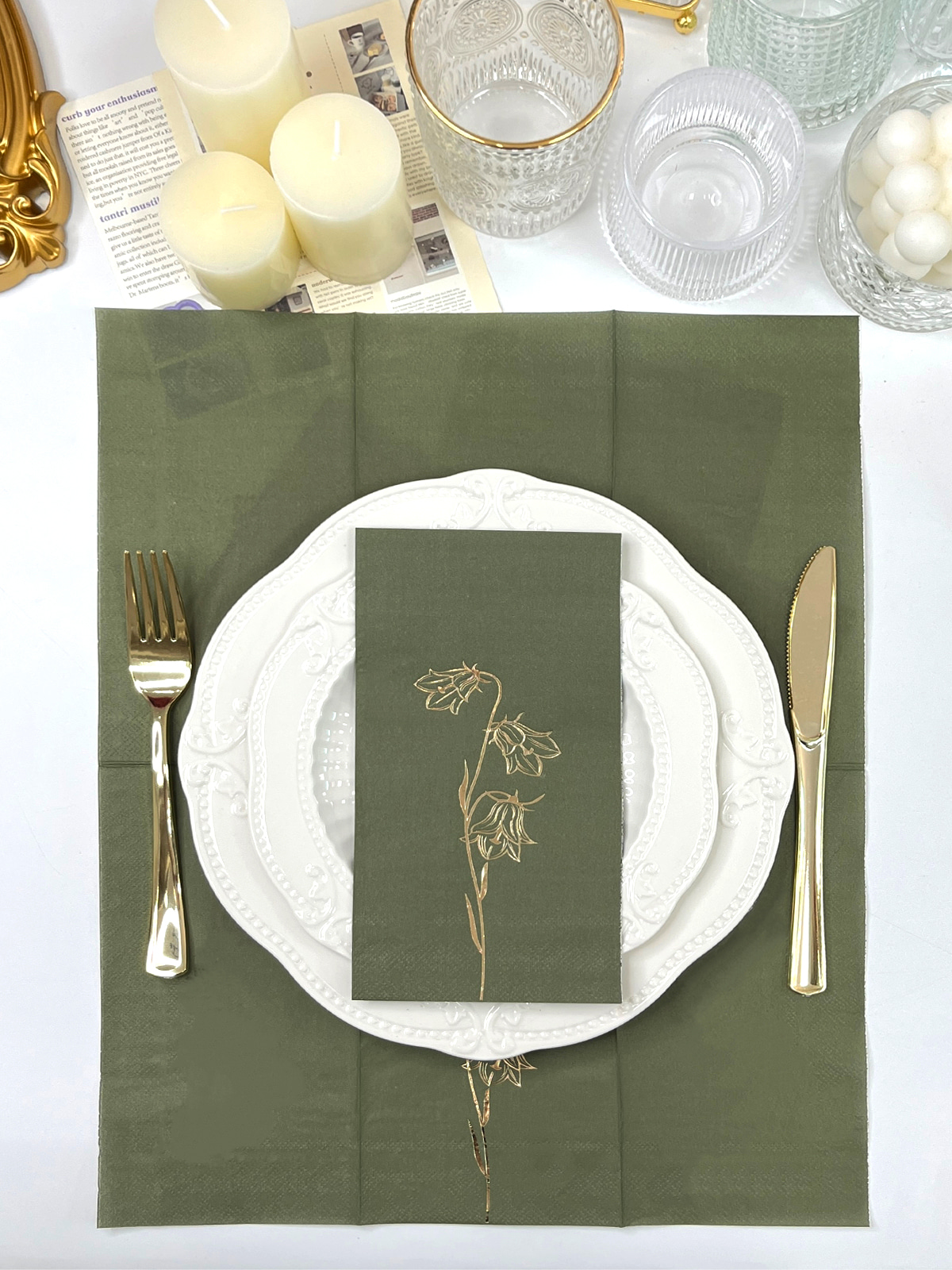 Gold Foil Floral Guest Paper Napkins Disposable Green Paper Tissue, Hand Towels For Bathroom Birthday Baby Shower Dinner