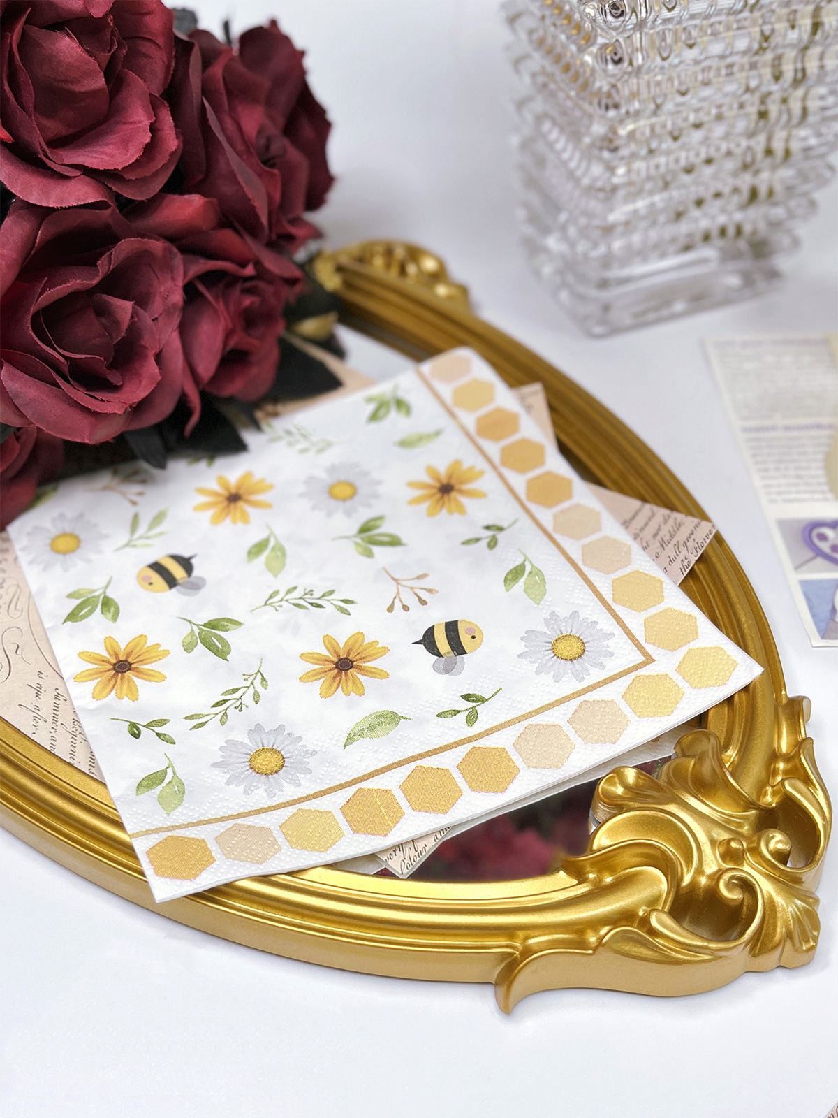 3 Ply Bee And Flower Luncheon Pringting Napkins,Decorative Paper Napkins For Dinner, Party