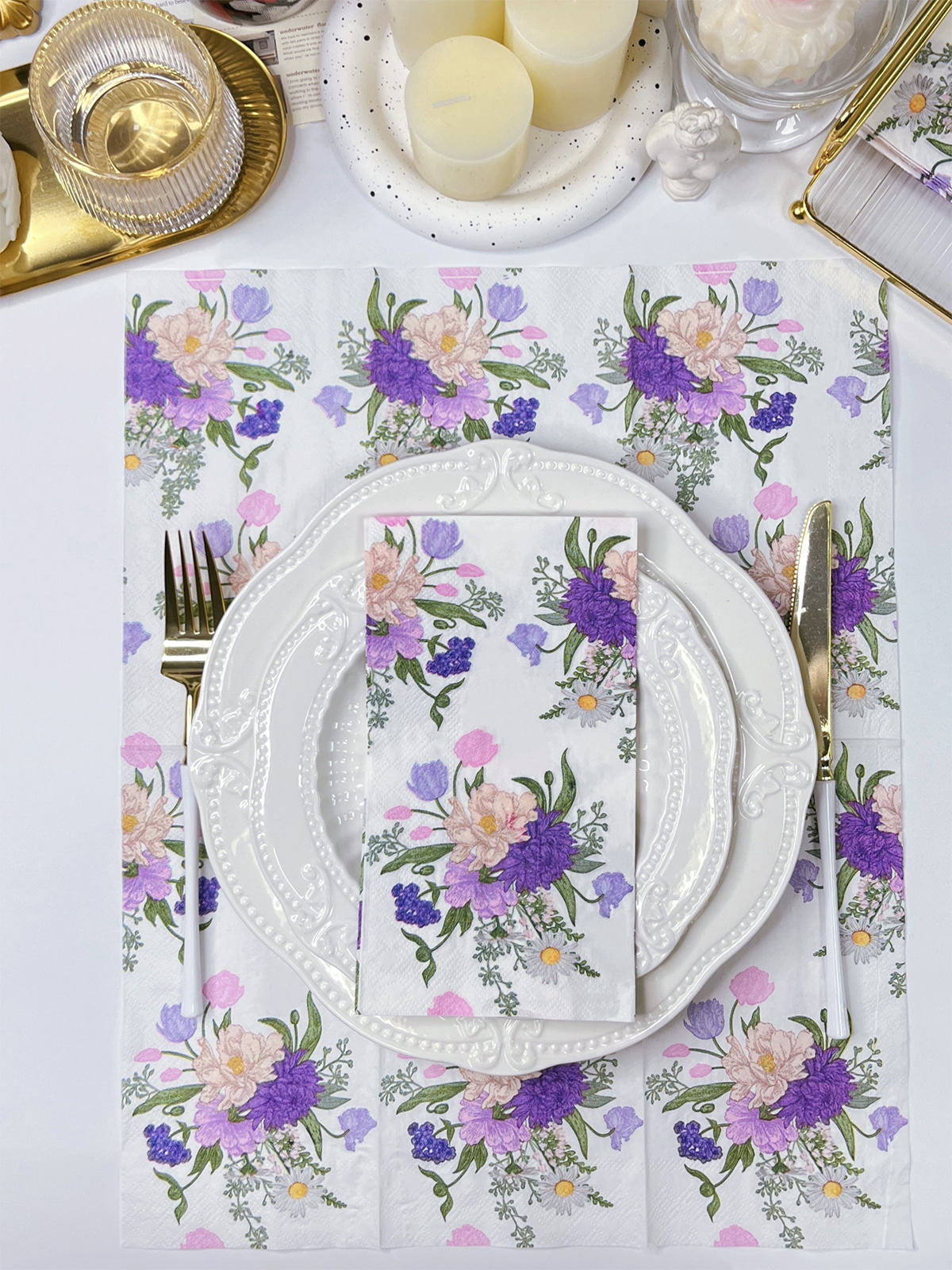 Spring Purple Floral Disposable Paper Decorative Guest Napkins, Watercolor Floral Flowers For Party