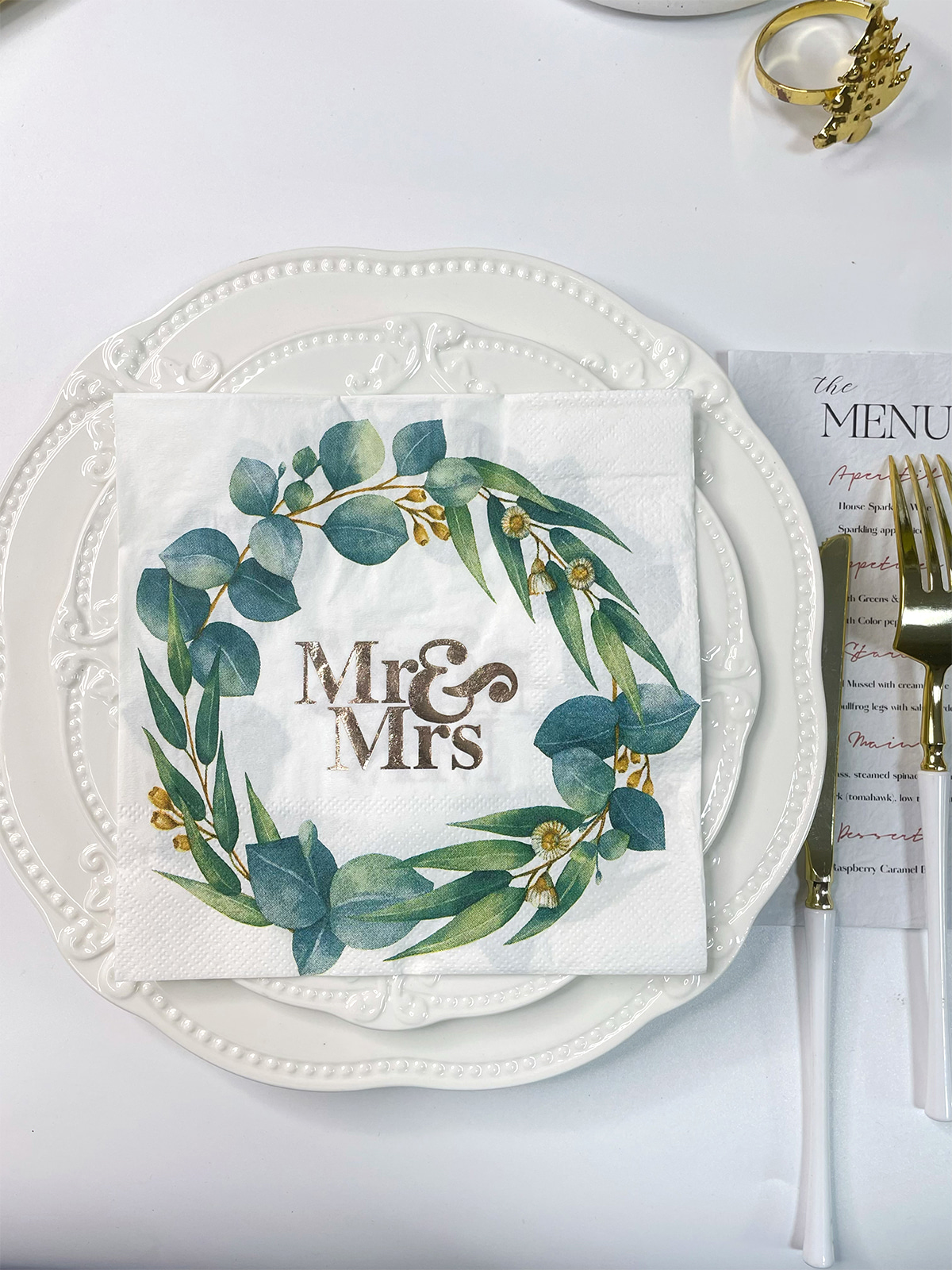 Gold Foil Mr&Mrs And Wreath Paper Napkins For Engagement, Bridal Shower, Wedding Decoration