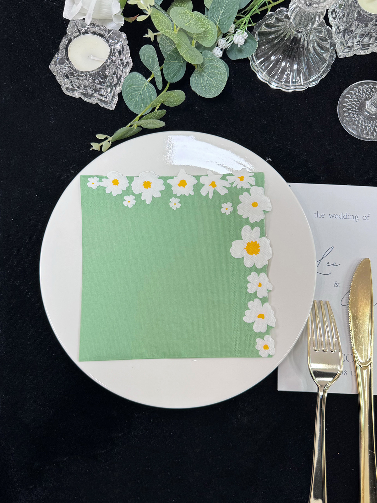 Spring Floral Edge Cutting Paper Napkins,Special Shaped Luncheon Paper Guest Towels,Green And Blue