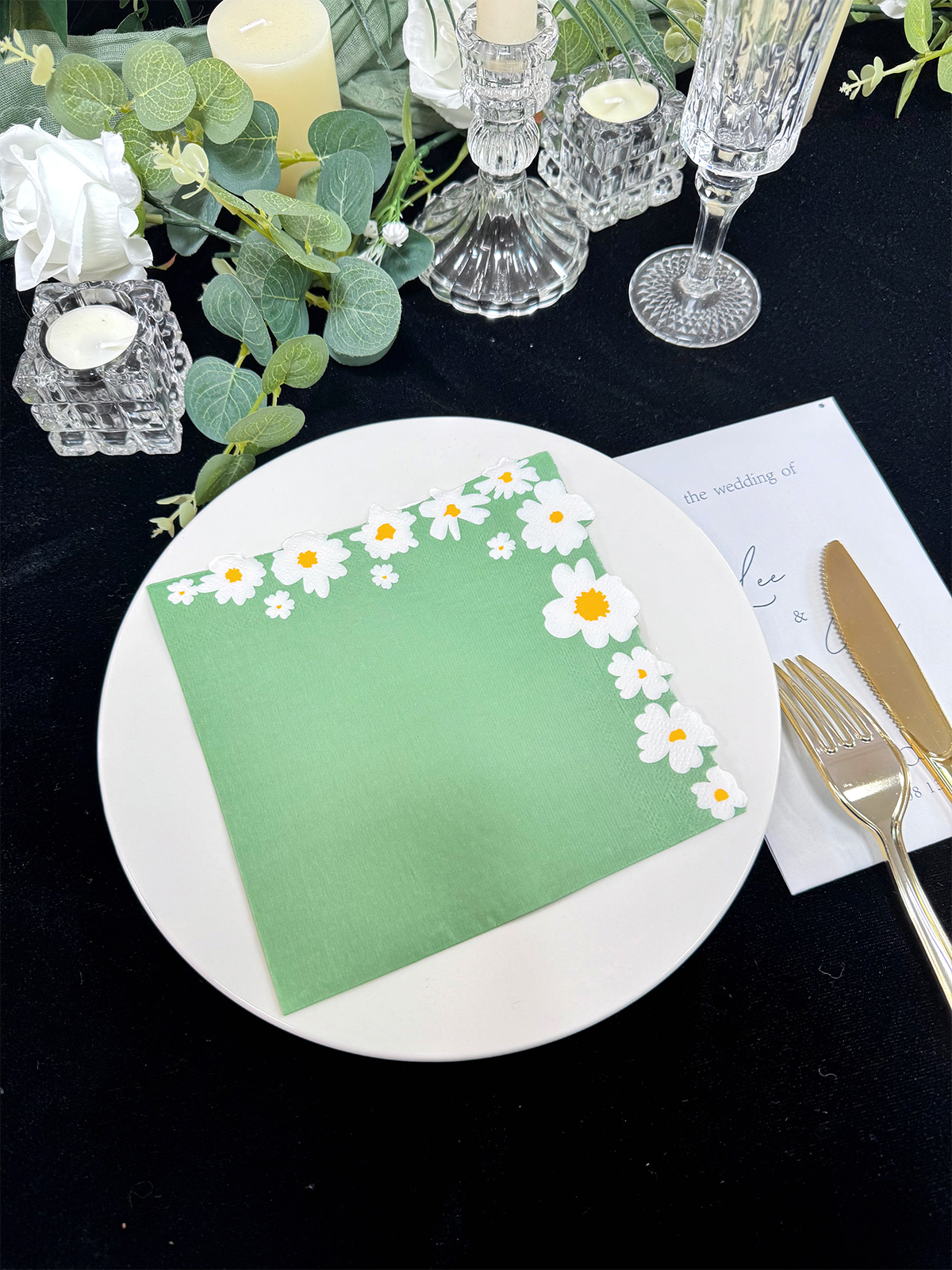 Spring Floral Edge Cutting Paper Napkins,Special Shaped Luncheon Paper Guest Towels,Green And Blue