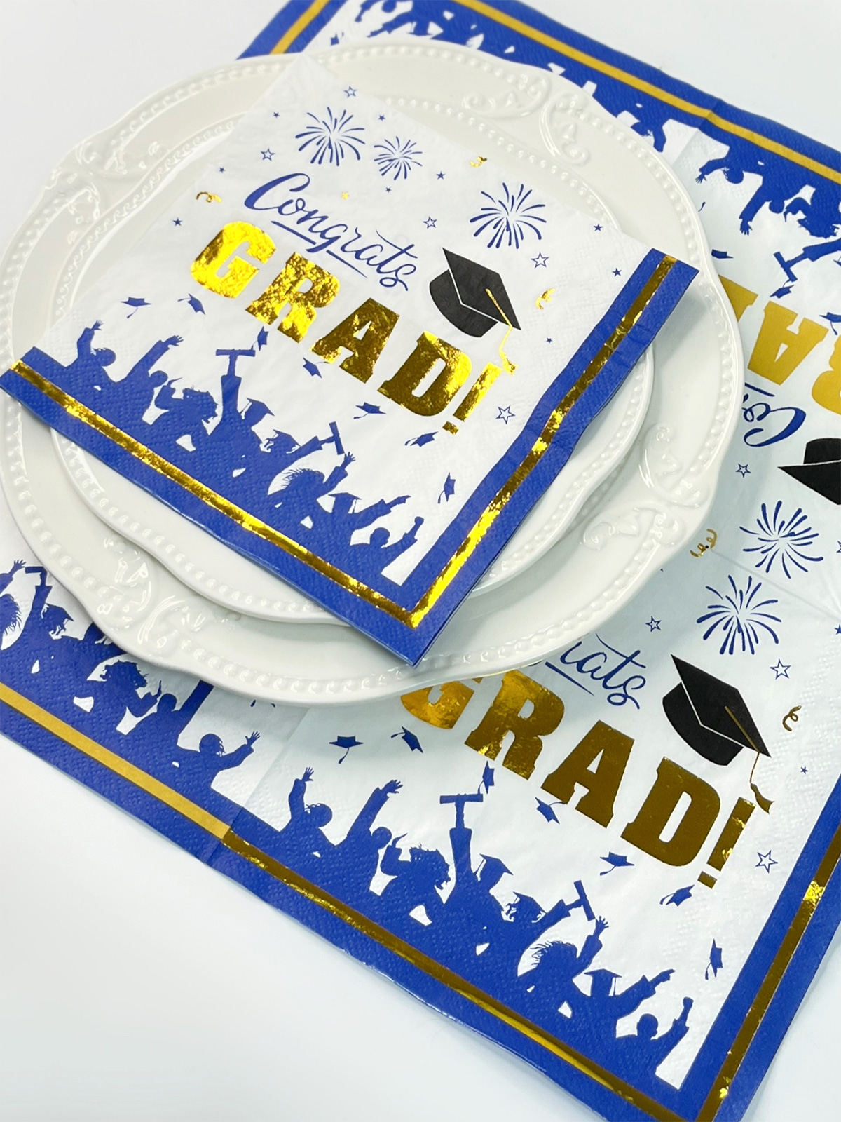 Graduation Party Napkins, Gold Foil Paper Napkins For College High School Graduation, Blue And Black