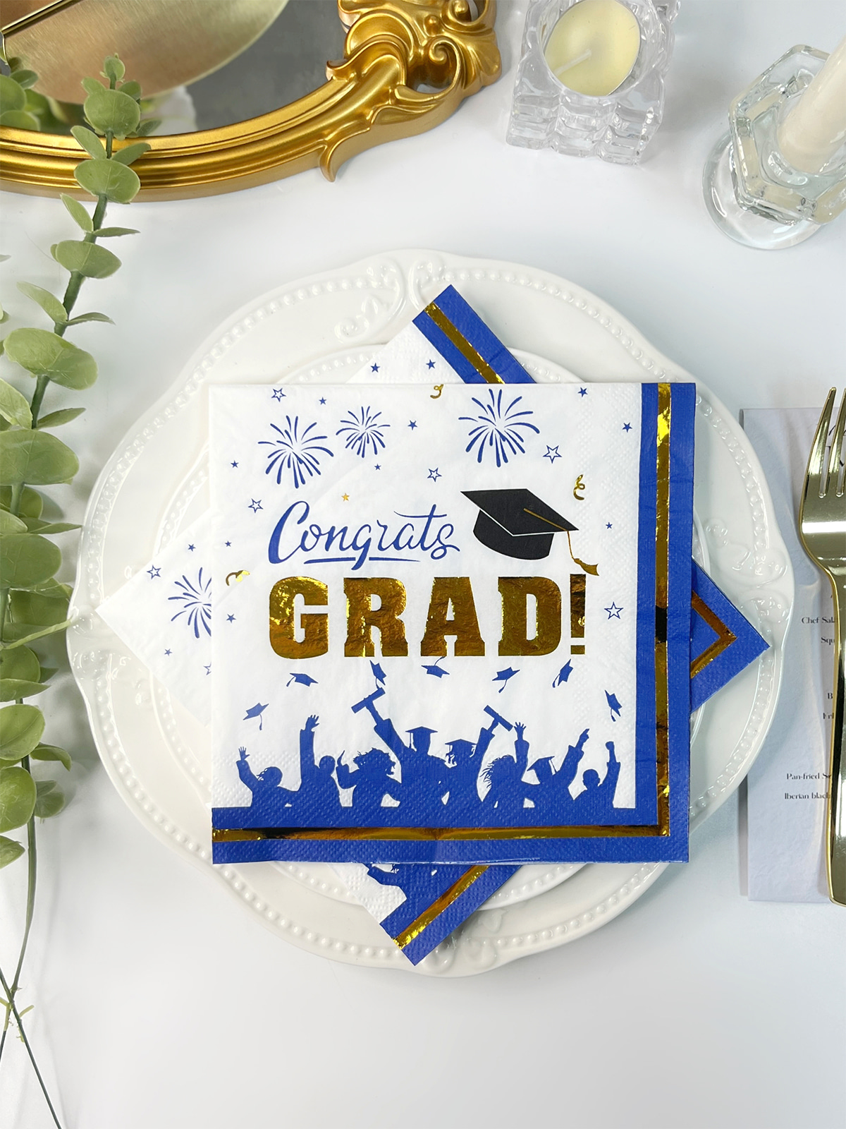 Graduation Party Napkins, Gold Foil Paper Napkins For College High School Graduation, Blue And Black