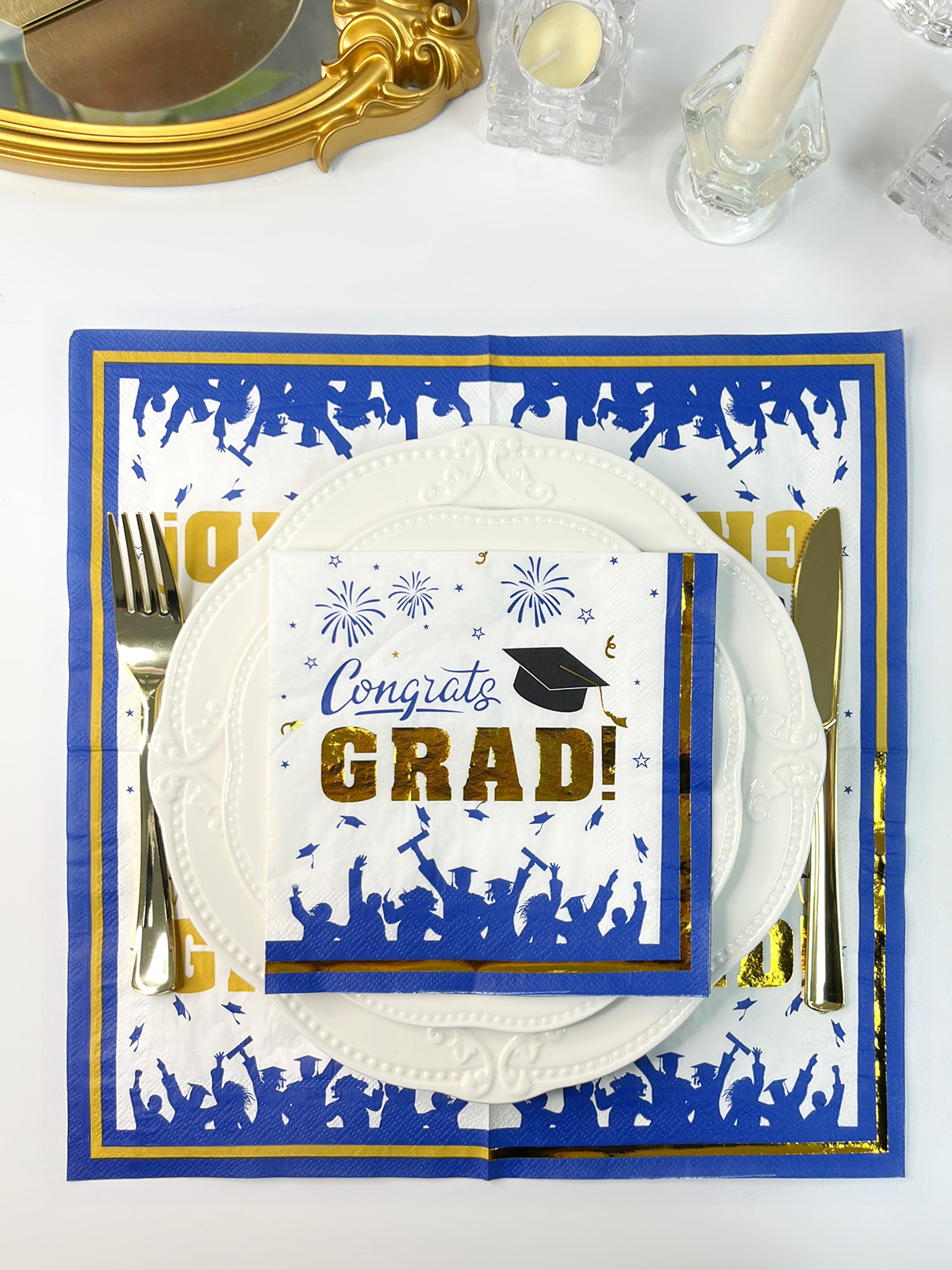 Graduation Party Napkins, Gold Foil Paper Napkins For College High School Graduation, Blue And Black