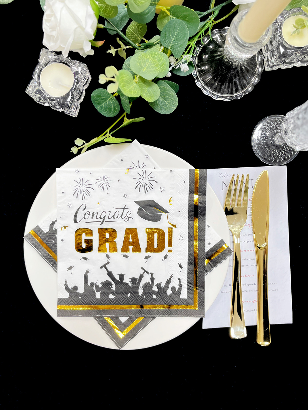 Graduation Party Napkins, Gold Foil Paper Napkins For College High School Graduation, Blue And Black