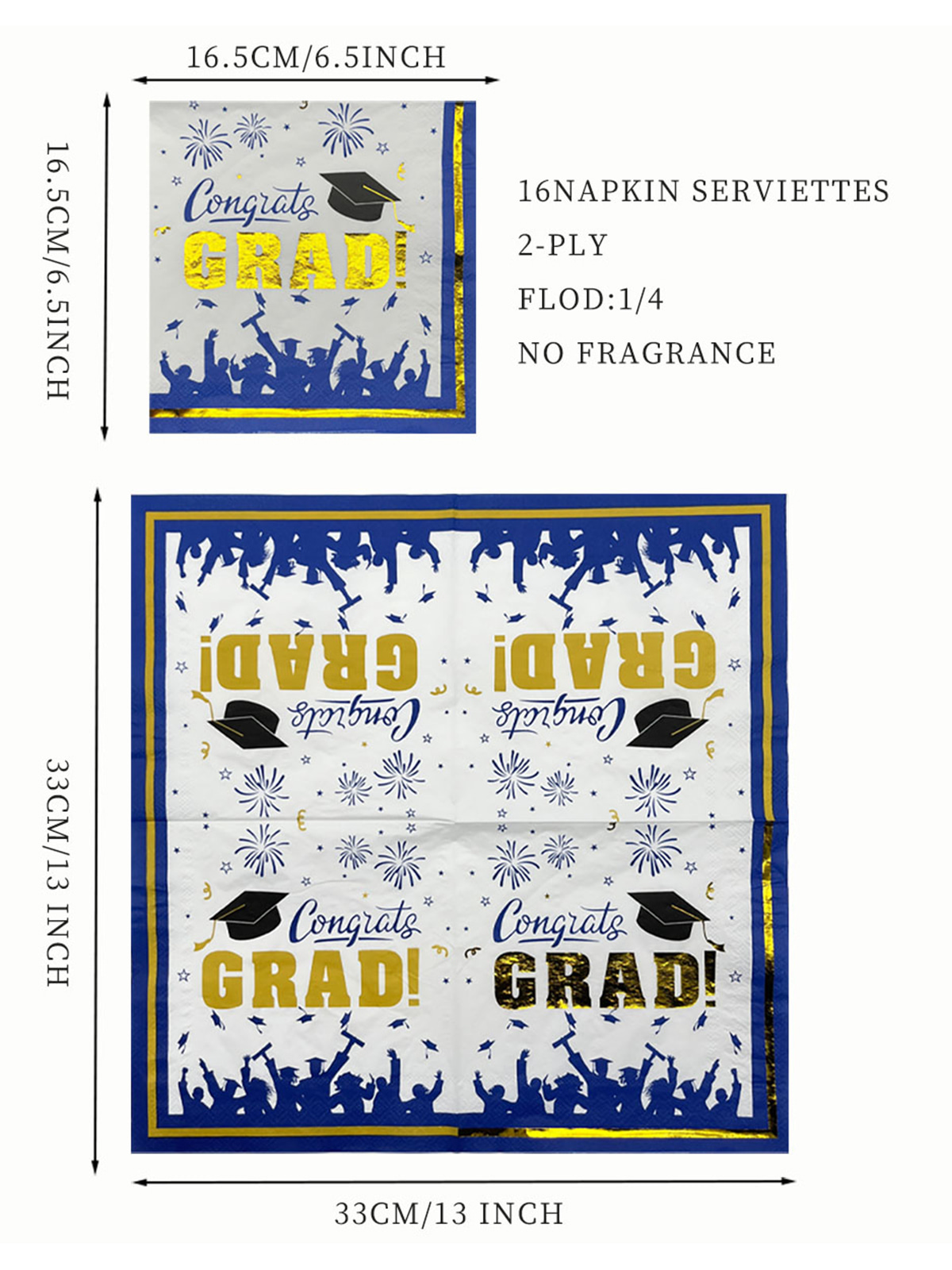 Graduation Party Napkins, Gold Foil Paper Napkins For College High School Graduation, Blue And Black